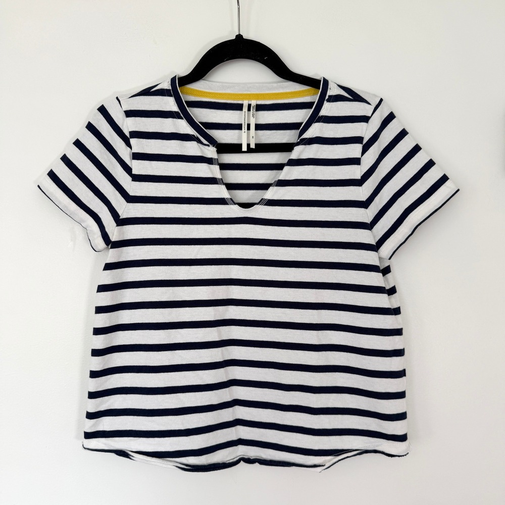 Anthropologie Navy White Striped Split Neck Short Sleeve Tee Shirt XS - Picture 2 of 7